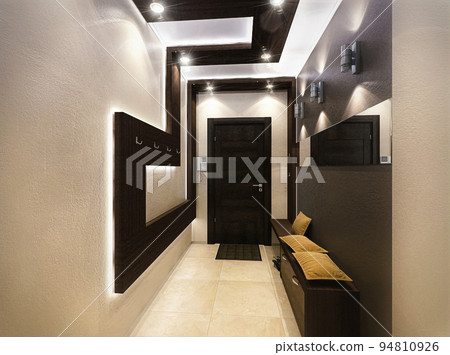 3d illustration of the interior design of the hallway in a wooden style. 3D rendering of interior in a futuristic style 94810926