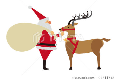 Illustration of Santa Claus carrying a bag of presents and facing a reindeer 94811748