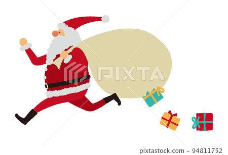 Illustration of Santa Claus running while dropping presents from his bag 94811752