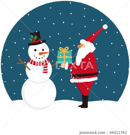 聖誕老人在下雪的夜晚給雪人送禮物的插圖 聖誕老人在下雪的夜晚給雪人送禮物的插圖 94811761