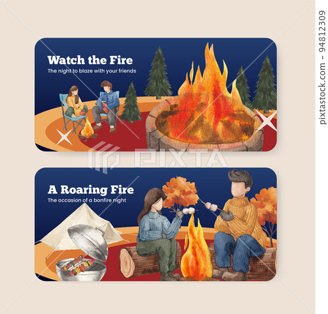 Ticket template with bonfire party concept,watercolor style 94812309