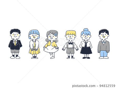 Illustrations of children dressed in plain clothes, comical hand-drawn characters 94812559