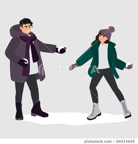 Man and woman at snowball fight on winter 94814848