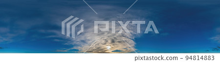 Blue sky with Cirrus clouds Seamless panorama in spherical equirectangular format. Complete zenith for use in 3D graphics, game and for composites in aerial drone 360 degree panoramas as a sky dome Blue sky with Cirrus clouds Seamless panorama in spherical equirectangular format. Complete zenith for use in 3D graphics, game and for composites in aerial drone 360 degree panoramas as a sky dome 94814883