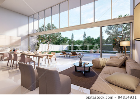 Modern style house interior with pool terrace background 3d render Modern style house interior with pool terrace background 3d render 94814931