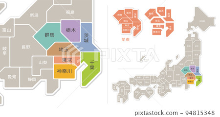 Map of Japan, Kanto region, color-coded, with prefecture names Map of Japan, Kanto region, color-coded, with prefecture names 94815348