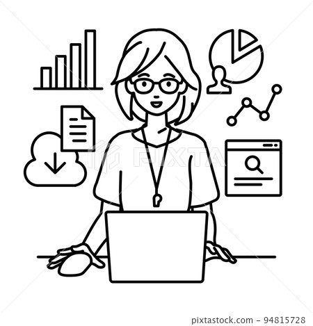 一位女教師在辦公桌前的電腦前進行研究、數據分析和報告寫作 94815728