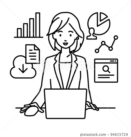 一位穿著西裝的女士在辦公桌前的電腦前做研究、數據分析和寫報告 94815729