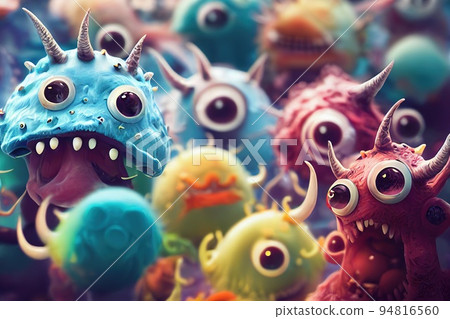 Ugly monster character in form of bacteria selective focus. Creepy screaming viruses creature. Colony of contagious infection microorganism. Viral or bacterial disease. Medicine and healthcare 94816560