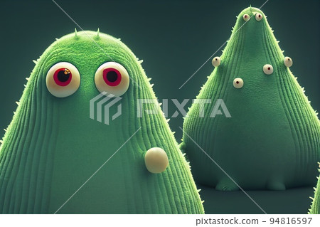 Funny ugly bacteria characters. Comic virus creature microbe colony under microscope. Green alien germ monster with many eyes. Pixar style, digital art, depth of field. Medicine and health risk Funny ugly bacteria characters. Comic virus creature microbe colony under microscope. Green alien germ monster with many eyes. Pixar style, digital art, depth of field. Medicine and health risk 94816597