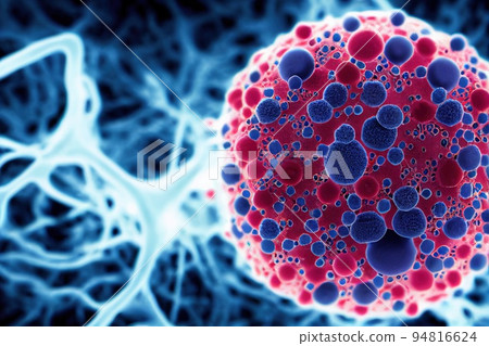 Closeup cancer cell and different bacteria. View under microscope. Various virus attack to shell. Tumor metastasis outbreak. Cancerous abnormal cells inside organism. Immunity and immunology concept 94816624