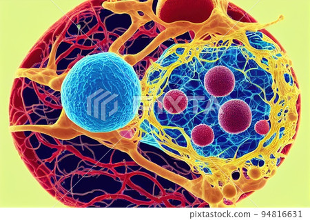 Cancer disease outbreak and dangerous strain. Malignant or benign tumor growth inside human organism. Organ nucleus attacked by metastasis particle under microscope magnification 94816631