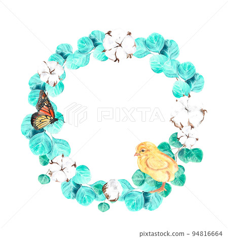 watercolor cotton and eucalyptus branch. Watercolor illustration set of butterfly fire wreath yellow cute chick on isolated white background, hand drawn. 94816664