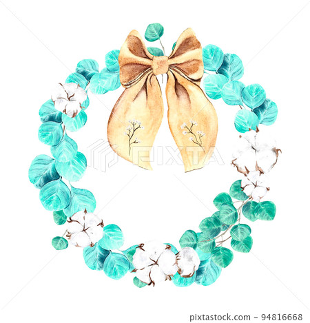 wreath of watercolor cotton and eucalyptus branch, bow. Watercolor wreath on isolated white background, hand drawn. Perfect for card design, invitation, scrapbooking, fabric printing. wreath of watercolor cotton and eucalyptus branch, bow. Watercolor wreath on isolated white background, hand drawn. Perfect for card design, invitation, scrapbooking, fabric printing. 94816668