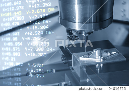 Abstract scene of the CNC milling machine and G-code data background. Abstract scene of the CNC milling machine and G-code data background. 94816733
