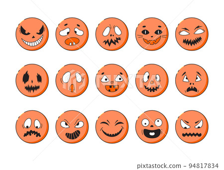 Halloween faces set. Vector creepy, scary or funny stickers with pumpkin, ghosts or devil faces . Halloween mouths and eyes collection. Halloween faces set. Vector creepy, scary or funny stickers with pumpkin, ghosts or devil faces . Halloween mouths and eyes collection. 94817834