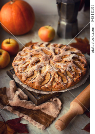 Homemade apple pie on a white background, top view, copy space 94818195