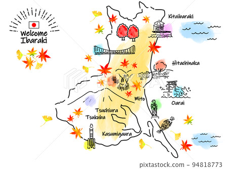 Simple line drawing illustration map of tourist spots in Ibaraki prefecture in autumn 94818773