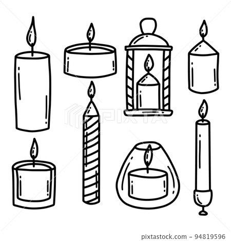 A set of different candles. Burning candles. Vector illustration. Doodle style. Collection of aroma candles. 94819596