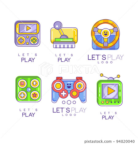 Lets play logo design set. Gaming controller, gamepad badges for initial esport tournament, cyber sport, electronic device store vector illustration Lets play logo design set. Gaming controller, gamepad badges for initial esport tournament, cyber sport, electronic device store vector illustration 94820040