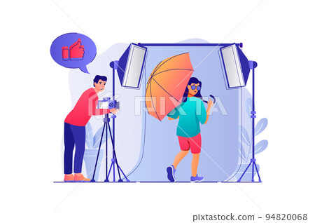 Photo studio concept with people scene. Woman posing for shooting in professional studio with lighting lamps, man photographing model. Vector illustration with characters in flat design for web 94820068