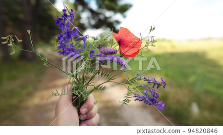 Male hand holding a bouquet of wildflowers. Summer vacation concept. Male hand holding a bouquet of wildflowers. Summer vacation concept. 94820846