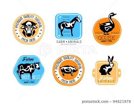 Organic meat labels set. Premium quality natural fresh meat stickers and badges vector illustration Organic meat labels set. Premium quality natural fresh meat stickers and badges vector illustration 94821978
