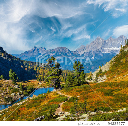 Autumn Alps mountain lake Spiegelsee or Mittersee or Mirror Lake, Austria. Autumn Alps mountain lake Spiegelsee or Mittersee or Mirror Lake, Austria. 94822677