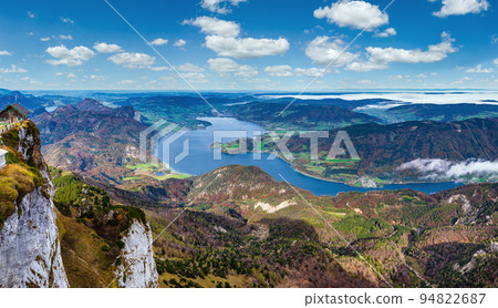 Picturesque autumn Alps mountain lakes view from Schafberg viewpoint, Salzkammergut, Upper Austria. 94822687