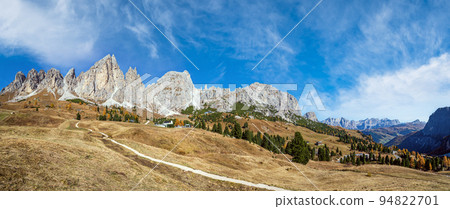 Autumn alpine Dolomites rocky  mountain scene, Sudtirol, Italy. Peaceful view near Gardena Pass. 94822701