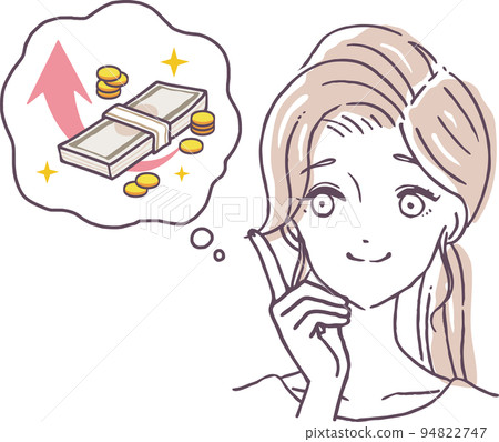 Income increase, job change, career advancement, salary increase, bonus, illustration material of a woman who thinks about money Income increase, job change, career advancement, salary increase, bonus, illustration material of a woman who thinks about money 94822747
