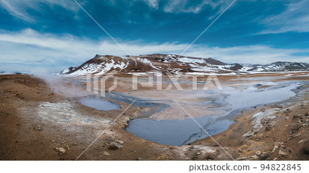 The Namafjall Geothermal Area, Iceland, on the east side of Lake Myvatn. At this area, also known as Hverir, are many smoking fumaroles, boiling mud pots and sulphur crystals. 94822845