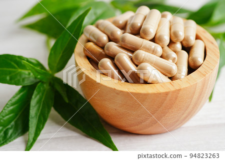 Andrographis paniculata or Kariyat leaf plant with herb capsules to treating covid19 coronavirus infection. Andrographis paniculata or Kariyat leaf plant with herb capsules to treating covid19 coronavirus infection. 94823263