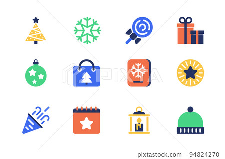 Christmas concept of web icons set in simple flat design. Pack of tree, snowflake, lollipop, gifts, ball, holiday shopping, postcard, fireworks, calendar and other. Vector pictograms for mobile app 94824270