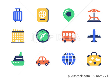 Travel vacation concept of web icons set in simple flat design. Pack of luggage, passport, location, beach relaxation, hotel, compass, bus, airplane, ship and other. Vector pictograms for mobile app 94824271