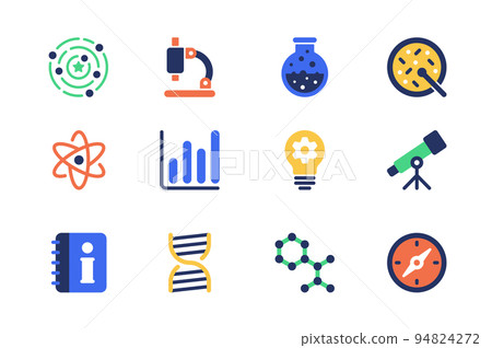 Science concept of web icons set in simple flat design. Pack of research laboratory, microscope, test tube, virus, discovery, data analysis, idea generate and other. Vector pictograms for mobile app 94824272