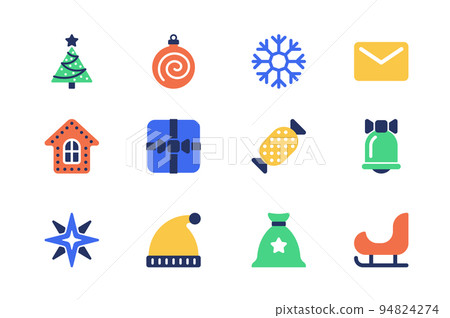 Christmas concept of web icons set in simple flat design. Pack of festive tree, ball, snowflake, letter, gingerbread cookie, gift, candy, bell, star, hat and other. Vector pictograms for mobile app 94824274