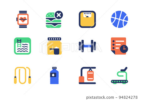 Fitness concept of web icons set in simple flat design. Pack of watch, healthy diet, weight, ball, pool, training, skipping rope, punching bag, treadmill and other. Vector pictograms for mobile app 94824278