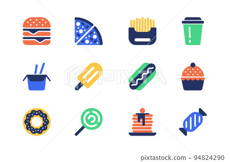 Fast food concept of web icons set in simple flat design. Pack of hamburger, pizza, fries, drink, wok noodles, ice cream, dessert, hot dog, cupcake, candy and other. Vector pictograms for mobile app 94824290