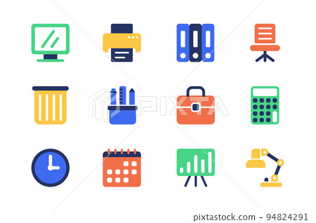 Office supplies concept of web icons set in simple flat design. Pack of computer, printer, folder, document, chair, trash bin, stationery, briefcase, lamp and other.Vector pictograms for mobile app 94824291