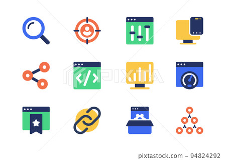 Seo optimization concept of web icons set in simple flat design. Pack of search machine, target, settings, link, coding, data analysis, speed traffic page and other.Vector pictograms for mobile app 94824292