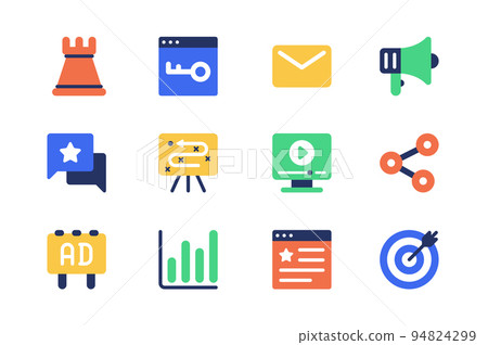 Marketing concept of web icons set in simple flat design. Pack of chess, keyword, email, advertising megaphone, feedback message, video content, link, target and other.Vector pictograms for mobile app 94824299