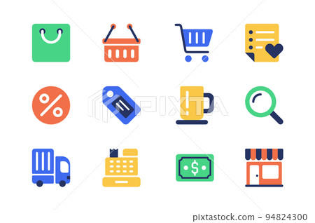 Shopping concept of web icons set in simple flat design. Pack of shop bag, basket, cart, list, discount, sale, coupon, price, cup of coffee, delivery, cash and other.Vector pictograms for mobile app 94824300
