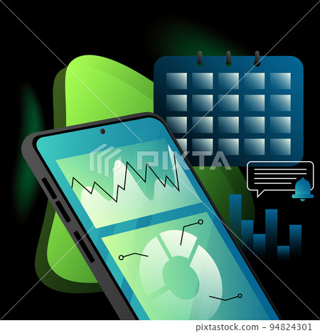 Startup Management Illustration. Calendar, Smartphone, Charts in Graphic Design 94824301