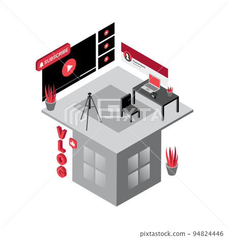 Vlogger Studio Illustration. Vlogging. Workplace with a Laptop. Camera on a Tripod for Streaming 94824446