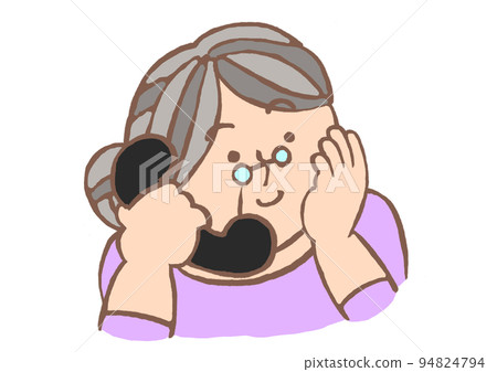 Illustration of a smiling elderly woman talking on a retro black phone 94824794