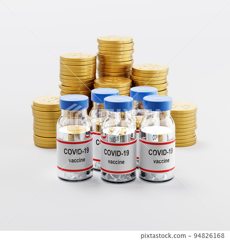 Covid 19 Vaccine Bottles ahead of Stacks of Coins on Light Gray Background 94826168
