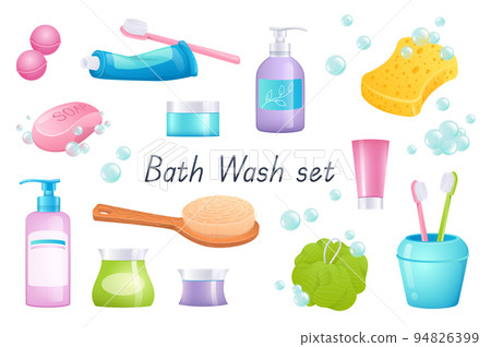 Bath wash accessories 3d realistic set. Bundle of bath bombs, toothpaste, toothbrush, liquid soap, sponge, cream, shampoo bottle, brush and other isolated bathroom elements.Vector illustration Bath wash accessories 3d realistic set. Bundle of bath bombs, toothpaste, toothbrush, liquid soap, sponge, cream, shampoo bottle, brush and other isolated bathroom elements.Vector illustration 94826399