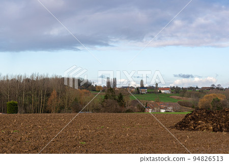 Agriculture fields, meadows and bare winter trees at the borders of Anderlecht, Brussels 94826513