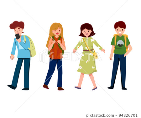 Set of young student. Tourists collection. Holiday trip with friend. Vector illustration Set of young student. Tourists collection. Holiday trip with friend. Vector illustration 94826701